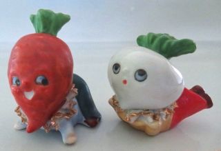 Vtg Anthropomorphic Carrot,  Turnip Head Baby Japan Ceramic Salt Pepper Shakers