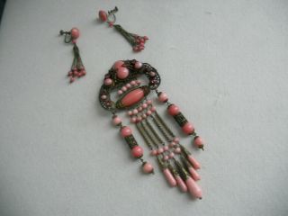 Vintage Art Deco Pink Glass Beaded Brooch & Earrings Set
