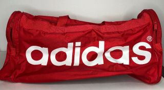 Adidas Large Duffel Bag Red White Spell Out Logo Gym Bag Vintage