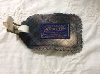 Vintage Pendleton Wool Blue Plaid Designer Luggage Tag Id Holder Leather Strap