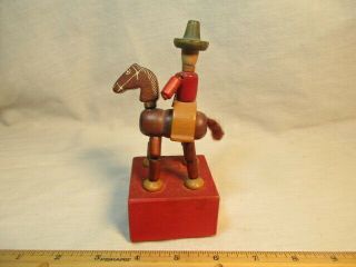 VINTAGE BRONCO BILL COWBOY ON HORSE BY KOHNER ALL WOOD PUSH PUPPET WOODEN SQUARE 2