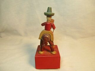 VINTAGE BRONCO BILL COWBOY ON HORSE BY KOHNER ALL WOOD PUSH PUPPET WOODEN SQUARE 3