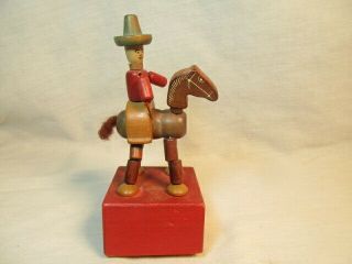 VINTAGE BRONCO BILL COWBOY ON HORSE BY KOHNER ALL WOOD PUSH PUPPET WOODEN SQUARE 4