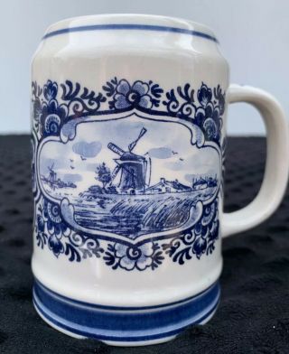 Vintage Delft Blue Hand Painted Dutch Windmill Holland Coffee Tea Mug Cup Flower