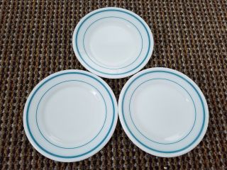 Vintage Pyrex Milk Glass 7 " Salad/ Dessert Plate Thick & Thin Blue Line Set Of 3