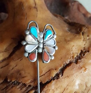 Vintage Native American Silver Turquoise Mop Coral Zuni Butterfly Inlay Stickpin