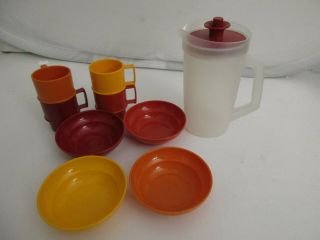 Vintage Tupperware Toys Kitchen Kids Clear Pitcher/4 Cups/4 Bowls Orange Red Yel