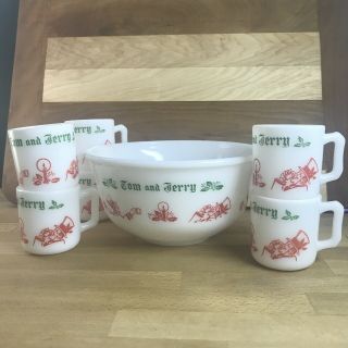 Vintage Hazel Atlas Tom and Jerry Punch Eggnog Bowl Set with 6 Handled Cups Mugs 2