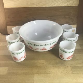 Vintage Hazel Atlas Tom and Jerry Punch Eggnog Bowl Set with 6 Handled Cups Mugs 3