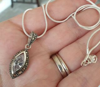 Stunning Vintage Jewellery Marcasite & Clear Crystal 925 Silver Pendant & Chain