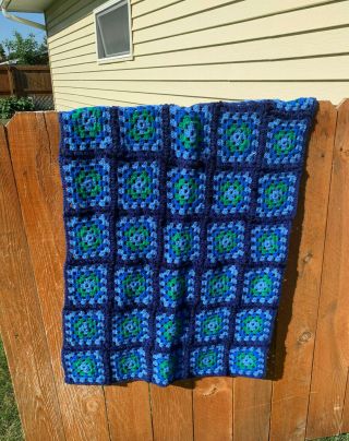 Vintage Handmade Granny Square Afghan Lap Blanket Knit Crochet Blue Green 30x60