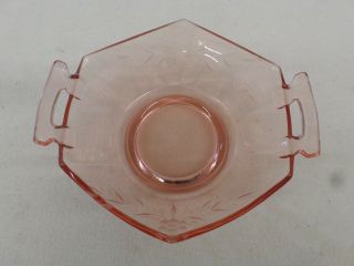 Vintage Pink Depression Glass Hexagon Floral Etched Bowl Dish 2 Handles Ll 614