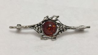 Vintage Wk Signed Sterling Silver Amber Brooch Pin