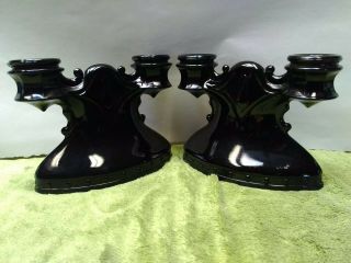 L33 Vtg Le Smith Glass Black Amethyst Mr Pleasant Shield Double Candle Holder