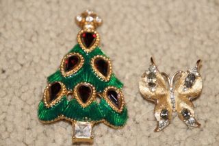 Vintage Alfred Philippe Crown Trifari Rhinestone Butterfly Pin,  Monet Tree Pin