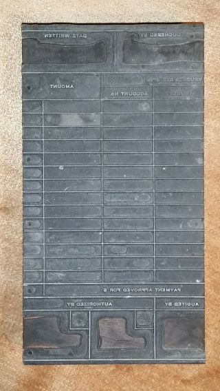 Vtg Metal Printing Plate On Wood Block Blank Work Order Page Sheet Type Press