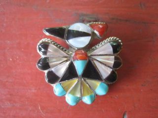 Vintage Zuni Native Sterling Silver Turquoise Inlay Bird Pin Pendant