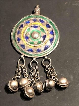 Vintage Morocco Green And Blue Enamel On Silver Dangle Pendant