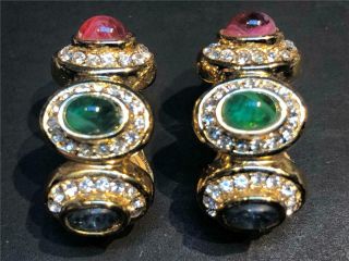 Vintage Christian Dior Multi - Color Stone And Gold Tone Clip Earrings