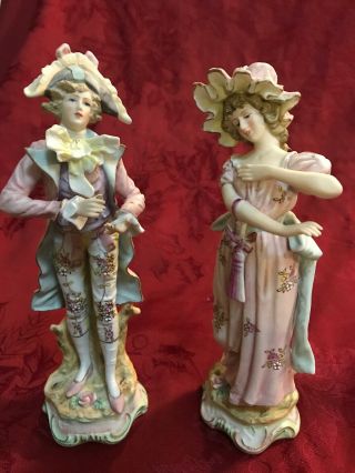 Vintage Bisque Figurine Pair Lady And Man In 18th Century Dress
