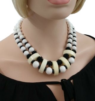 Vintage Lucite Black White & Cream Beaded Chunky Statement Necklace