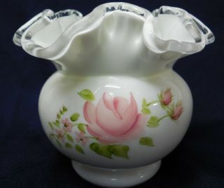 Vintage Fenton Silvercrest Hand Painted Roses Ruffled Rose Bowl Vase R983