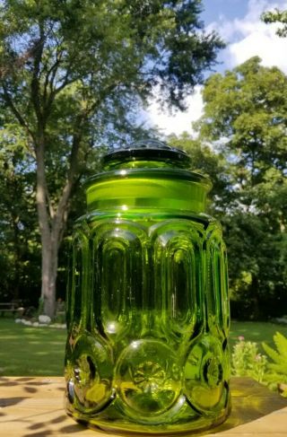 Vintage Le Smith Moon & Stars Green Glass Canister Apothecary Jar W/ Lid 9.  5 "