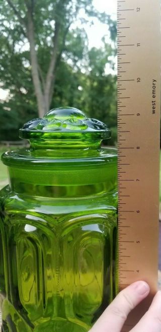 Vintage LE Smith Moon & Stars Green Glass Canister Apothecary Jar w/ Lid 9.  5 