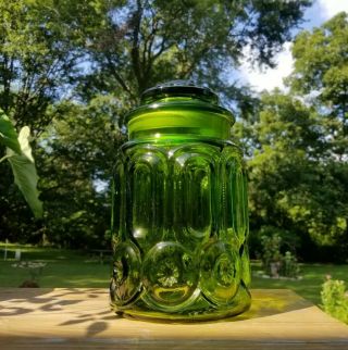 Vintage LE Smith Moon & Stars Green Glass Canister Apothecary Jar w/ Lid 9.  5 