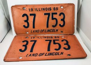 Vintage 1969 Illinois License Plates - Set Of 2