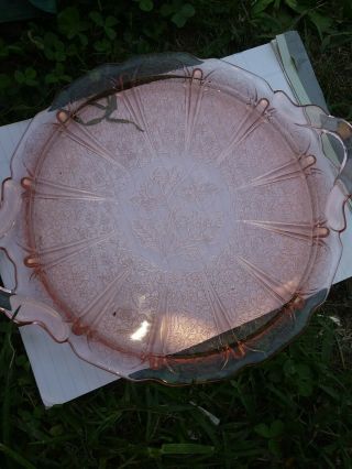 Vtg 1930 Jeannette Cherry Blossom Pink Depression Glass 2 Handled Serving Tray