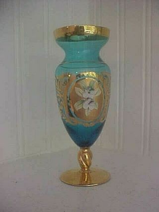 Vintage Venetian Italian Salviati Moser 22k Gold Painted Blue Art Glass Vase