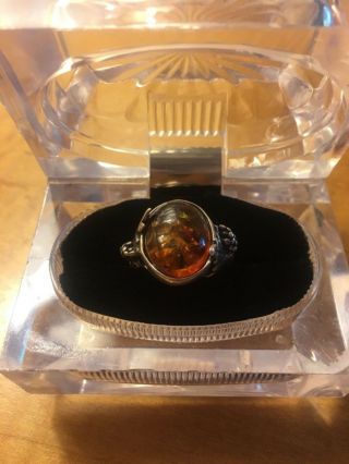Vintage art nouveau natural amber sterling silver floral design ring.  Size 6 3