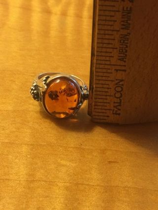 Vintage art nouveau natural amber sterling silver floral design ring.  Size 6 5