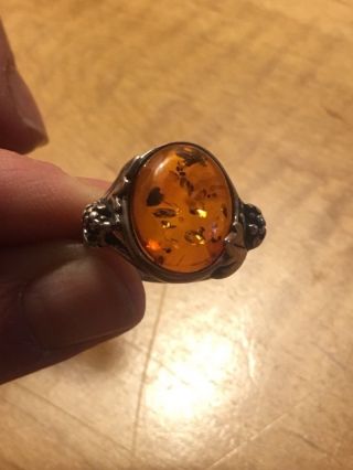 Vintage art nouveau natural amber sterling silver floral design ring.  Size 6 7