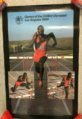 1984 Vintage Los Angeles Summer Olympics Poster Signed Edwin Moses Track 36x23 "