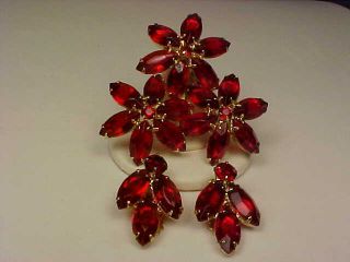 Vintage Juliana Goldtone & Red Rhinestone Flower Brooch & Earrings Set
