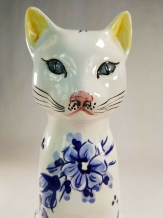 Vintage Porcelain Ceramic Cat Kitten Kitty Hand Painted With Flowers White/blue