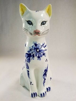 Vintage porcelain ceramic cat kitten kitty hand painted with flowers white/blue 2