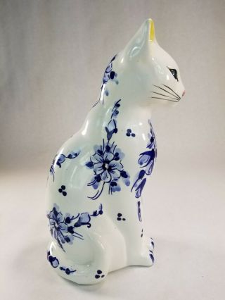 Vintage porcelain ceramic cat kitten kitty hand painted with flowers white/blue 3