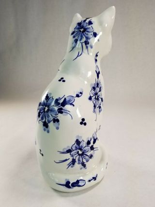 Vintage porcelain ceramic cat kitten kitty hand painted with flowers white/blue 4