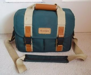Vintage Canon Camera Style Retro Green Canvas Organizer Bag W/ Tan Leather