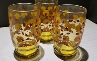 Vintage Amber/yellow Glass Juice Tumbler With Orange Poppy Flowers