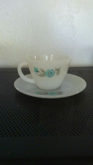 Fire - King Milk Glass Coffee Cup And Saucer Vintage Teacup Set Blue Orange Flower