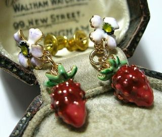 Jewellery Vintage Style Enamel & Crystal Wild Strawberry Drop Earrings