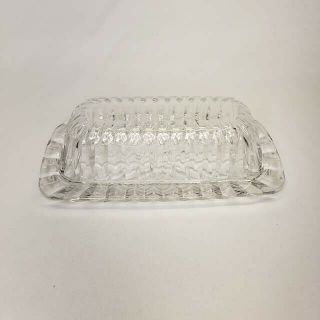 Vintage Clear Glass Butter Dish Ribbed Lid And Saw Tooth Edge And Cut Starburst
