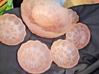 Seven Piece Vintage Frosted Pink Dessert Set Made By Tynesyde Glassware