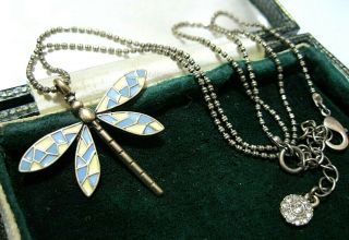Vintage Jewellery Blue And Yellow Enamel Dragonfly Pendant Necklace
