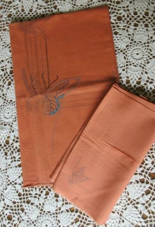 Vntg Unfinished Unique Orange Stamped Embroidery Luncheon Set Tablecloth Napkins