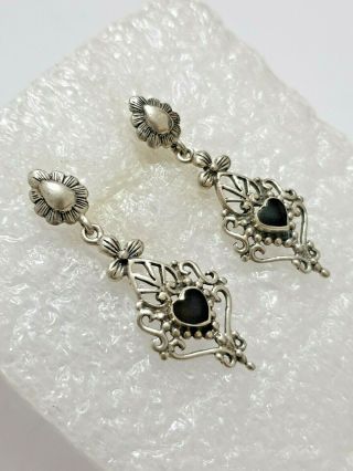 Fine Vintage Black Stone Designed Stud Dangle Earrings 925 Sterling Silver